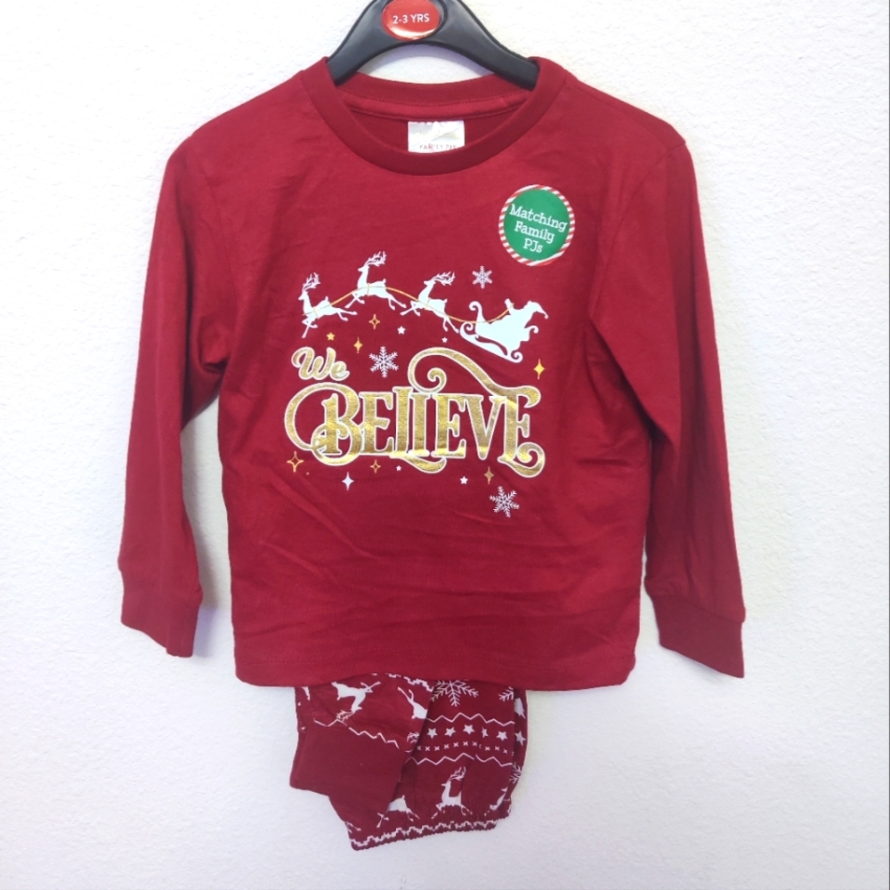 NWT We Believe Red: Festive Family Pajama Set Reindeer shiny Gold Cotton